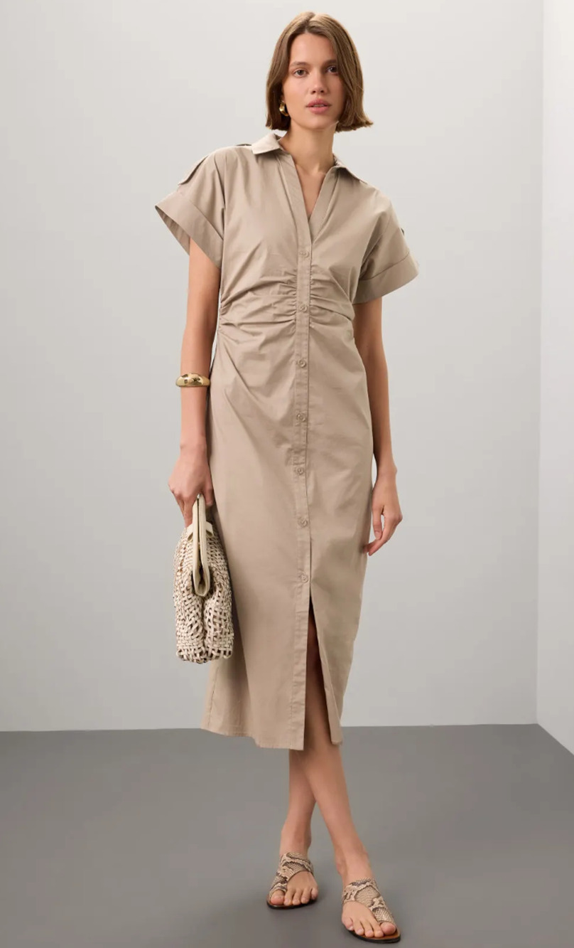 Saunders x RTR Beige Ruched Shirt Dress Size 16